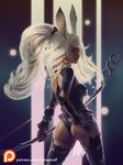  animal_ears ass bow_(weapon) bunny_ears dark_skin final_fantasy final_fantasy_xii fran hand_on_ass james_wolf long_hair revealing_clothes solo viera weapon white_hair 