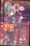  absurdres alternate_costume bangs bow brown_eyes candy_apple fireworks food hair_bow hair_ornament hair_ribbon highres holding japanese_clothes kantai_collection kimono looking_at_viewer petals ponytail ribbon silver_hair smile solo yamiarisu yukata yuubari_(kantai_collection) 