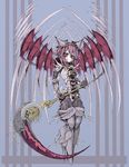  arm_guards armor black_gloves gloves grey_background hair_between_eyes holding holding_weapon horns kuro_(kuroi-nanika) looking_at_viewer original pink_hair polearm red_eyes scythe short_hair simple_background skull solo striped striped_background tiara weapon wings 