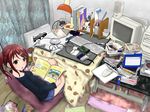  blush book computer highres keyboard_(computer) kotatsu monitor mouse_(computer) mousepad_(object) open_book open_mouth pile_of_books red_eyes short_hair sitting solo source_request table tablet wacom 
