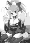  animal_ears bare_shoulders bell bell_collar black_legwear blush breasts collar commentary_request detached_sleeves dog_paws fang fate/extra fate_(series) fox_ears fox_tail greyscale hair_ribbon japanese_clothes kurikara large_breasts looking_at_viewer monochrome nipples nose_blush obi paws ponytail ribbon sash sitting solo tail tamamo_(fate)_(all) tamamo_no_mae_(fate) tareme thighhighs wariza 