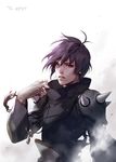  blurry clothes_pull depth_of_field fingerless_gloves ghost_messenger gloves highres jewelry kanglim kenny_(poe90) male_focus necklace purple_eyes purple_hair shoulder_pads shoulder_spikes solo spikes upper_body 