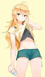  ahoge blonde_hair bottle commentary_request dated green_eyes hoshii_miki hot idolmaster idolmaster_(classic) long_hair looking_at_viewer midriff nagian navel shirt short_shorts shorts solo t-shirt tank_top very_long_hair yellow_background 