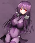  blush bodysuit breasts commentary_request covered_navel fate/grand_order fate_(series) kujiran large_breasts long_hair looking_away pauldrons purple_background purple_bodysuit purple_hair red_eyes scathach_(fate)_(all) scathach_(fate/grand_order) solo twitter_username 