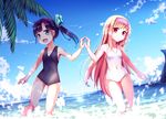  beach black_hair black_swimsuit blonde_hair blue_eyes blue_sky cloud day hair_ribbon hairband hands_together lolita_hairband long_hair multiple_girls ocean one-piece_swimsuit open_mouth original outdoors palm_tree red_eyes revision ribbon side_ponytail sky smile swimsuit tree very_long_hair water white_swimsuit yan_(nicknikg) 