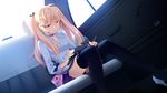  black_legwear blonde_hair blue_eyes blue_ribbon car cat game_cg grisaia_(series) grisaia_no_kajitsu ground_vehicle hair_ribbon highres long_hair long_legs matsushima_michiru motor_vehicle nyanmel ribbon shirt solo thighhighs twintails watanabe_akio white_shirt 