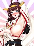  ahoge arm_up armpits blue_eyes blush breasts brown_hair highres huge_breasts igarasy kantai_collection kongou_(kantai_collection) long_hair sideboob smile solo sweat 