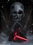  2015 absurdres bleeding blood damaged darth_vader energy_cannon energy_sword helmet highres injury kylo_ren lightsaber male_focus mask sith snowing solo space_craft spoilers star_wars star_wars:_the_force_awakens starkiller_base sword takumi_(marlboro) weapon 