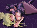  alternate_costume amane_kk aoki_hagane_no_arpeggio blonde_hair breasts china_dress chinese_clothes cleavage cleavage_cutout dress floral_print high_heels honeycomb_(pattern) kongou_(aoki_hagane_no_arpeggio) large_breasts lipstick long_hair lying makeup on_side pantyhose purple_dress purple_lipstick red_eyes short_hair short_hair_with_long_locks short_twintails side_slit sidelocks solo twintails 