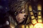 black_sclera blonde_hair cyborg damaged genos glowing glowing_hand juhaihai looking_at_viewer male_focus one-punch_man portrait realistic solo yellow_eyes 