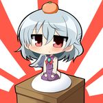  chibi food fruit kishin_sagume mandarin_orange red_eyes seiza silver_hair single_wing sitting solo touhou twumi wings 