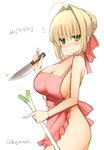  ahoge apron blonde_hair blush breasts cleavage commentary_request fate/extra fate_(series) green_eyes hair_ribbon knife kujiran large_breasts looking_at_viewer naked_apron nero_claudius_(fate) nero_claudius_(fate)_(all) reverse_grip ribbon short_hair simple_background solo spring_onion translation_request twitter_username white_background 