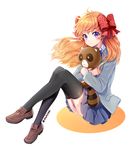  blush bow gekkan_shoujo_nozaki-kun hair_bow hug long_hair orange_hair polka_dot polka_dot_bow purple_eyes raccoon rouman_academy_uniform sakura_chiyo school_uniform shainea smile solo tanuki thighhighs 