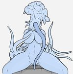  1girl alternate_form bloodborne blue_skin blue_tongue breasts female fungus hunter_(bloodborne) long_tongue methados monster_girl navel nude sitting solo spoilers spread_legs stomach tentacle tongue very_long_tongue 