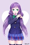  adjusting_hair blazer green_eyes jacket long_hair love_live! love_live!_school_idol_project mouth_hold otonokizaka_school_uniform purple_hair school_uniform shainea smile solo thighhighs toujou_nozomi twintails tying_hair 