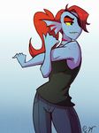  2015 anthro clothing cltohing eye_patch eyewear fangs female fish hair humanoid marine ponytail red_hair ric-m solo stretching undertale undyne video_games yellow_eyes 