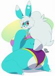  2015 anthro big_breasts big_butt blue_fur breasts butt clothing fur hair huge_breasts huge_butt lagomorph lionalliance looking_back mammal pink_eyes pixels_bunni rabbit signature smile solo white_hair 