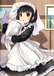  apron bad_id bad_pixiv_id bangs black_dress black_eyes black_hair blanket blush bob_cut carrying_over_shoulder dress frame frills highres hinoshita_akame holding indoors long_sleeves looking_at_viewer maid maid_headdress shadow shirley_(manga) shirley_medison short_hair solo white_apron 