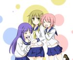  :d ^_^ blonde_hair blue_sailor_collar blush closed_eyes girl_sandwich hinata_yukari ichii_yui long_hair multiple_girls nonohara_yuzuko open_mouth pink_hair pleated_skirt purple_hair sailor_collar sandwiched school_uniform school_uniform_(yuyushiki) serafuku shikniful short_hair skirt smile twintails yellow_eyes yuyushiki 