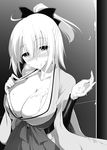 ahoge blush bow breasts cleavage collarbone commentary_request cum cum_in_mouth cum_on_body cum_on_breasts cum_on_upper_body fate_(series) greyscale hair_bow half_updo heavy_breathing japanese_clothes koha-ace kurikara large_breasts looking_at_viewer monochrome nose_blush okita_souji_(fate) okita_souji_(fate)_(all) ponytail smile solo sweat 