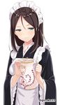  56_(goroku33) alternate_costume apron bad_id bad_twitter_id blue_eyes brown_hair frilled_kimono frills girls_und_panzer japanese_clothes kimono light_smile long_hair maid_apron maid_headdress nonna solo teapot twitter_username wa_maid 