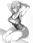  alternate_costume armpits arms_up bad_id bad_pixiv_id breasts character_name cleavage flipped_hair greyscale hair_between_eyes highres hohehohe impossible_clothes impossible_swimsuit kantai_collection large_breasts looking_to_the_side monochrome mutsu_(kantai_collection) one-piece_swimsuit partially_submerged pool poolside pouty_lips school_swimsuit short_hair sitting solo swimsuit wet 