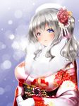  alternate_costume blue_eyes blush breasts floral_print flower fur gloves hair_flower hair_ornament hat japanese_clothes kantai_collection kashima_(kantai_collection) kimono large_breasts long_hair long_sleeves midoriiro_no_shinzou signature silver_hair snow snowing solo sparkle tsurime twintails upper_body wavy_hair white_gloves 