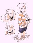  asriel_dreemurr character_sheet denim denim_shorts face fangs flower holding holding_flower long_sleeves monster_boy multiple_views orangetavi pink_background rubbing_eyes shorts simple_background sleeves_past_wrists spoilers standing striped striped_sweater sweater tears teeth turtleneck undertale wiping_tears 