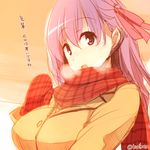  :d blush commentary_request fate/stay_night fate_(series) hair_ribbon heavy_breathing kurikara long_hair looking_at_viewer lowres matou_sakura mittens nose_blush open_mouth purple_eyes purple_hair red_scarf ribbon scarf smile solo translation_request upper_body 
