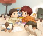  artist_name bowl_cut brown_hair chair child computer cup digimon digimon_adventure digimon_adventure_02 drinking_glass from_behind green_eyes grey_eyes hida_iori izumi_koushirou laptop looking_at_viewer lying magazine male_focus messy_room multiple_boys on_floor on_stomach shorts socks spiked_hair t_k_g time_paradox 