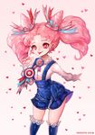  2015 :p artist_name bad_id bad_pixiv_id badge bishoujo_senshi_sailor_moon blouse blue_legwear blue_skirt bow candlefish chibi_usa cowboy_shot double_bun hair_bow heart heart_background overalls pink_hair red_eyes shirt short_hair skirt solo striped striped_bow thighhighs tongue tongue_out twintails white_background white_shirt zettai_ryouiki 