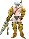  abs armor armored_boots bikini_armor blue_hair boots choker highres lance male_focus original polearm revealing_clothes shirtless simple_background solo tanotsuku_daisuke weapon white_background 