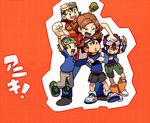  age_difference black_shorts blush boots brown_hair closed_eyes crossed_arms daimon_masaru digimon digimon_adventure digimon_adventure_02 digimon_frontier digimon_savers digimon_tamers gloves goggles goggles_on_head green_gloves hand_on_another's_head kanbara_takuya long_hair looking_at_another looking_up male_focus matsuda_takato motomiya_daisuke multiple_boys open_clothes open_shirt red_background shirt shoes shorts simple_background sneakers t-shirt t_k_g trait_connection vest white_gloves yagami_taichi 