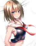  :d blue_eyes breasts grin hair_ornament hairclip kantai_collection light_brown_hair looking_at_viewer maya_(kantai_collection) medium_breasts midriff open_mouth school_uniform serafuku short_hair sideboob sleeveless smile solo tai_(nazutai) v-shaped_eyebrows 