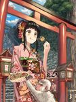  agetake food highres japanese_clothes kimono monkey nengajou new_year original shrine solo_focus takoyaki torii 