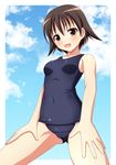  blue_sky brown_hair cameltoe cloud day ki_(kk-sk-ray) miyafuji_yoshika old_school_swimsuit one-piece_swimsuit revision school_swimsuit short_hair sky solo strike_witches swimsuit world_witches_series 