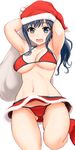  :d absurdres armpits arms_up bikini blue_eyes blue_hair breasts christmas commentary_request hat highres imai_midori inanaki_shiki medium_breasts open_mouth revision sack santa_hat shirobako side-tie_bikini smile solo string_bikini swimsuit 