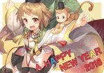 2016 brown_hair fang happy_new_year hat highres japanese_clothes looking_at_viewer monkey new_year open_mouth original outstretched_arms red_eyes shinonome_haru short_hair solo tate_eboshi wide_sleeves 