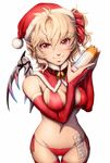  ass_visible_through_thighs bare_shoulders bell bell_collar bikini blonde_hair bottle breasts bridal_gauntlets christmas collar commentary condom condom_packet_strip condom_wrapper detached_collar flandre_scarlet hat highres hips imizu_(nitro_unknown) lips looking_at_viewer lotion_bottle lowleg lowleg_bikini lowleg_panties md5_mismatch medium_breasts navel older panties pointy_ears red_bikini red_eyes red_legwear revision santa_hat scrunchie side-tie_bikini side-tie_panties side_ponytail slit_pupils smile solo swimsuit thighhighs touhou underwear wings 