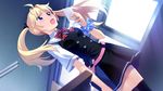  black_legwear black_ribbon blonde_hair blue_eyes grisaia_(series) grisaia_no_kajitsu hair_ribbon long_hair matsushima_michiru open_mouth ribbon school_uniform solo thighhighs twintails watanabe_akio 