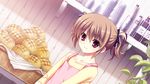  black_ribbon bread brown_hair food fumio_(ura_fmo) game_cg grisaia_(series) grisaia_no_kajitsu hair_ribbon irisu_makina purple_eyes ribbon short_hair smile solo 