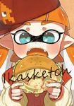  1girl blue_eyes blush cephalopod clothing english_text fangs female food hair hat humanoid inkling long_hair marine mask mera nintendo open_mouth orange_eyes pointy_ears sitting solo splatoon squid tentacle tentacle_hair tentacles text video_games 
