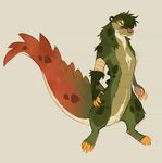  alligator ambiguous_gender anthro bandage big_tail chandler claws fur green_fur green_hair hair hoot hybrid mammal mustelid otter pink_nose reptile scalie spots toe_claws yellow_sclera 