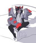  anthro bed feline fur half-closed_eyes horn hybrid invalid_tag kittydee looking_at_viewer male mammal navel nipples nude pillow sitting smile solo 