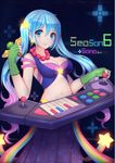  arcade_sona blue_eyes blue_hair breasts cleavage earrings gloves hanami_dango_(zzldango) highres jewelry league_of_legends long_hair medium_breasts multicolored_hair necklace revision smile solo sona_buvelle star twintails ward 