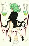  1girl absurdres ass bald black_dress cape commentary_request dress floating green_eyes green_hair highres mehonobu_g one-punch_man saitama_(one-punch_man) side_slit solo_focus tatsumaki translated white_cape 