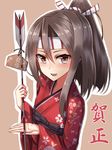  alternate_costume arrow blush brown_eyes brown_hair hachimaki hamaya headband high_ponytail highres japanese_clothes kantai_collection kimono long_hair looking_at_viewer new_year open_mouth ponytail rabochicken smile solo upper_body zuihou_(kantai_collection) 