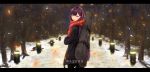  1girl absurdres alternate_costume bangs black_coat black_pants blurry blurry_background blush breasts character_name coat cold eyebrows_visible_through_hair from_behind girls_frontline glint hair_ribbon highres huge_filesize jack9614 letterboxed lights long_hair looking_at_viewer looking_back one_side_up open_clothes open_coat open_mouth pants purple_hair red_eyes red_scarf ribbon scarf snow snowflake_print snowing solo tree wa2000_(girls_frontline) weapon_bag 