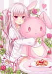  amashiro_natsuki animal_print bear_print doll_hug dress flower food hair_ribbon heart juliet_sleeves long_hair long_sleeves looking_at_viewer open_mouth original pancake pink_eyes plate puffy_sleeves red_flower red_rose ribbon rose silver_hair solo striped striped_background stuffed_animal stuffed_bunny stuffed_toy table twintails very_long_hair white_dress wide_sleeves 