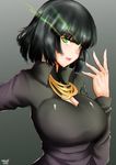  black_dress black_hair breasts dress fubuki_(one-punch_man) glowing glowing_eyes green_eyes highres jewelry large_breasts looking_at_viewer necklace norman_maggot one-punch_man short_hair solo upper_body 